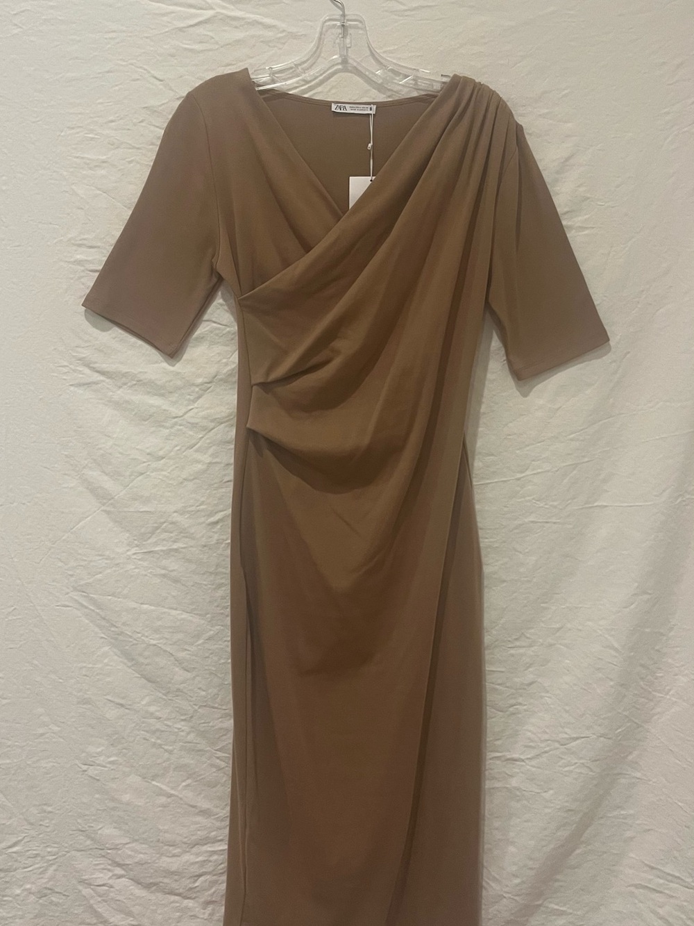 Zara Brown Draped Ruched Midi Dress Size L NWT